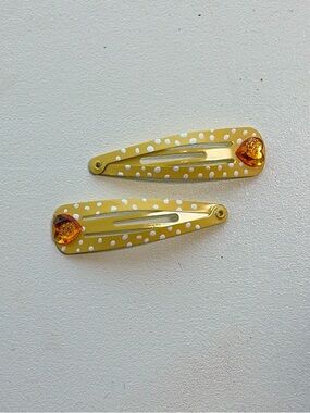 Yellow and white polka dot heart hair clips
